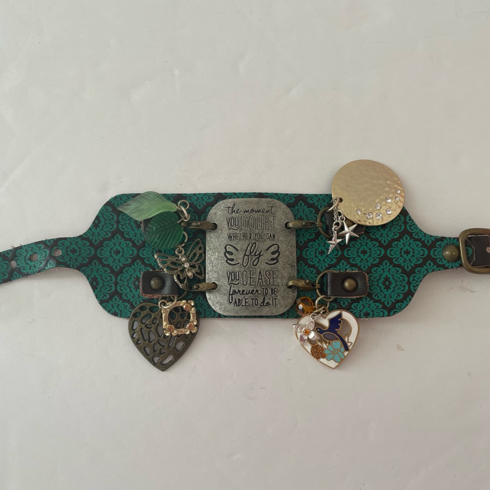 Green Patterned Bracelet with Charms